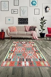 Pelangi Etnik Kilim Desen Bohem Stil Dijital Baskılı Yıkanabilir Kaymaz Taban Salon Halısı, Pembe-Turkuaz 40 X 40 ürün görseli 1