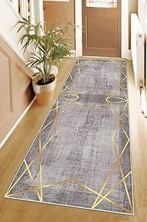 Pelangi Geometrik Gold Çerçeveli Dijital Baskı Yıkanabilir Kaymaz Taban Salon Halısı Yolluk, Koyu Gri-Gold 80 X 400, 955537311804007 ürün görseli 1