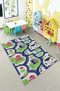 Pelangi Araba Trafik Yollu Yıkanabilir Kaymaz Taban Tutmazbebek Çocuk Odası Halısı, Yeşil-Lacivert 180 X 250, 901357109180250 ürün görseli 1