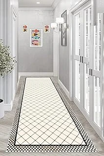 Pelangi Geometrik Desenli Dijital Baskı Yıkanabilir Kaymaz Taban Etnik Desen Salon Halı, Bej-Siyah 80 X 300, 9555375803007 ürün görseli 1