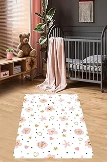 Pelangi Pembe Çiçek Desenli Kalpli Yıldızlı Dijital Baskı Yıkanabilir Kaymaz Tutmaz Çocuk Odası Halısı, Pembe-Beyaz 160 X 230 ürün görseli 1