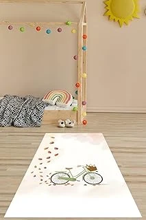 Pelangi Sonbahar Yaprakları Bisiklet Desen Yıkanabilir Kaymaz Taban Tutmaz Çocuk Odası Halısı, Beyaz-Yeşil 80 X 200 ürün görseli 1