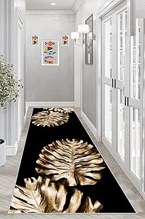 Pelangi Gold Yaprak Desenli Dijital Baskı Yıkanabilir Kaymaz Taban Salon Halısı Yolluk, Siyah 80 X 500, 9554256805007 ürün görseli 1
