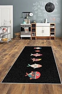 Pelangi Siyah Balık Detaylı Yıkanabilir Kaymaz Taban Tutmaz Salon Halısı Yolluk, Siyah-Renkli 180 X 300, 135823718030005 ürün görseli 1