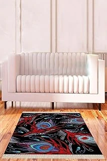 Pelangi Siyah Tavuskuşu Tüyü Desenli Dijital Baskı Yıkanabilir Kaymaz Taban Kilim Model Salon Halısı, Siyah-Mavi 180 X 300 ürün görseli 1