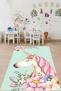 Pelangi Çiçeli Tek Boynuzlu At Yıkanabilir Kaymaz Taban Tutmaz Çocuk Odası Halısı, Yeşil-Pembe 160 X 250 ürün görseli 1