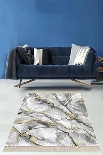 Pelangi Gri Mermer Desenli Gold Detaylı Dijital Baskı Yıkanabilir Kaymaz Taban Salon Halı, Beyaz 120 X 120 ürün görseli 1