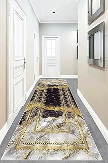 Pelangi Mermer Desenli Gold Şeritli Dijital Baskı Yıkanabilir Kaymaz Taban Salon Halı Yolluk, Siyah-Beyaz 100 X 150, 9555638111001507 ürün görseli 1
