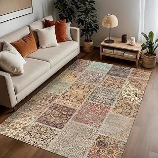 Latte Dizayn Nadine Patchwork Desenli Şönil Pamuk Tabanlı Yıkanabilir Kaymaz Antibakteriyel Salon Halısı 100X300 ürün görseli 1
