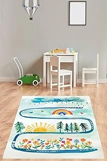 Pelangi Bulut Gökkuşağı Güneş Renkli Çiçekler Desenli Yıkanabilir Kaymaz Taban Tutmaz Çocuk Odası Halı, Mavi-Yeşil-Sarı 100 X 250, 7642013610025005 ürün görseli 1