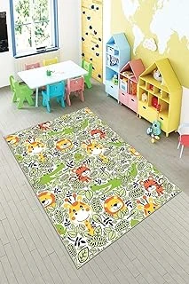 Pelangi Yeşil Safari Desenli Yıkanabilir Kaymaz Taban Tutmazbebek Çocuk Odası Halısı, Yeşil-Turuncu 60 X 200, 90135704260200 ürün görseli 1