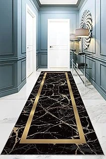 Pelangi Mermer Desenli Yıkanabilir Kaymaz Taban Tutmaz Salon Halısı Yollu (Siyah), Gold-Siyah 80 X 300, 955543013803007 ürün görseli 1