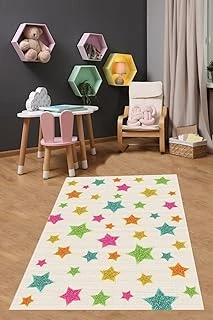 Pelangi Renkli Yıldızlar Yıkanabilir Kaymaz Taban Tutmaz Çocuk Odası Halısı, Beyaz-Pembe-Yeşil-Sarı-Turuncu 100 X 150, 9038680030100150 ürün görseli 1