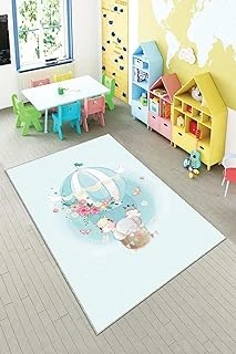 Pelangi Uçan Balonda Hayvanlar Yıkanabilir Kaymaz Taban Tutmazbebek Çocuk Odası Halısı, 80 X 150, 90135707680150 ürün görseli 1