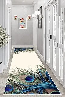 Pelangi Tavuskuşu Tüyü Desenli Dijital Baskı Yıkanabilir Kaymaz Taban Salon Halı Yolluk, Mavi-Krem 100 X 600, 95543991006007 ürün görseli 1