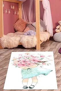 Pelangi Çiçek Buketi Taşıyan Sevimli Kız Yıkanabilir Kaymaz Taban Tutmaz Çocuk Odası Halısık, Pembe-Beyaz-Mavi 180 X 280, 76420141802801 ürün görseli 1