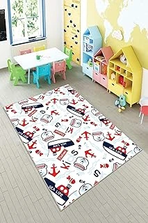 Pelangi Beyaz Gemi Çapa Desenli Yıkanabilir Kaymaz Taban Tutmazbebek Çocuk Odası Halısı, Beyaz-Lacivert 80 X 350 ürün görseli 1