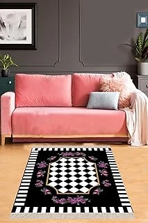 Pelangi Geometrik Desenli Çiçek Motifli Dijital Baskı Yıkanabilir Kaymaz Taban Salon Halısı, Siyah 120 X 160 ürün görseli 1