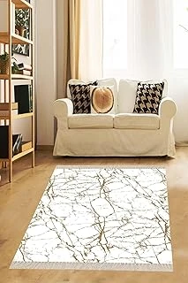 Pelangi Beyaz Zemin Gold Çizgili Mermer Desenli Dijital Baskı Yıkanabilir Salon Halı, Gold-Beyaz 180 X 300 ürün görseli 1