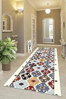 Pelangi Otantik Kilim Desenli Etnik Dijital Baskı Yıkanabilir Salon Halı Yolluk, Mavi-Beyaz 100 X 350, 95541411003507 ürün görseli 1