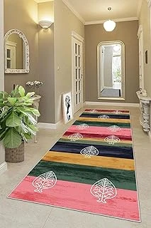 Pelangi Renk Bloklu Yaprak Desenli Dijital Baskı Yıkanabilir Etnik Salon Halı Yolluk, Karışık Renkli 100 X 300, 95555591003007 ürün görseli 1