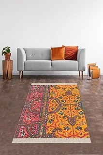 Pelangi Kilim Desenli Etnik Dijital Baskı Yıkanabilir Kaymaz Taban Salon Halı Yolluk, Turuncu 130 X 180, 12101113018005 ürün görseli 1