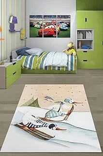Pelangi Kayak Yapan Leylekler Kış Temalı Yıkanabilir Kaymaz Taban Tutmaz Çocuk Odası Halısı, Mavi-Bej-Yeşil 130 X 180, 7642012813018005 ürün görseli 1