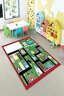 Pelangi Kırmızı Araba Yollu Şehir Desenli Yıkanabilir Kaymaz Taban Tutmazbebek Çocuk Odası Halısı, Kırmızı-Yeşil 100 X 350 ürün görseli 1