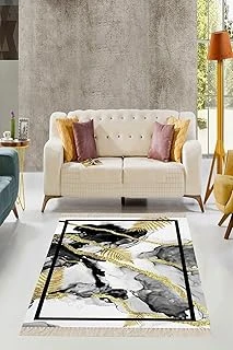 Pelangi Mermer Desenli Gold Şeritli Çerçeveli Dijital Baskı Yıkanabilir Kaymaz Taban Salon Halısı, Beyaz 160 X 230 ürün görseli 1