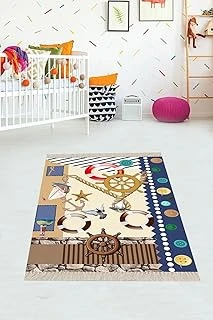 Pelangi Gemi Yelken Desenli Dijital Baskılı Kaymaz Taban Çocuk Odası Halısı, Bej 120 X 120 ürün görseli 1