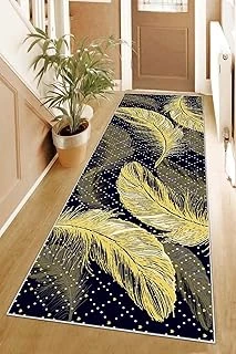 Pelangi Kuş Tüyü Desenli Gold Geometrik Dijital Baskı Yıkanabilir Salon Halı Yolluk, Kahverengi 80 X 300, 95559650803007 ürün görseli 1