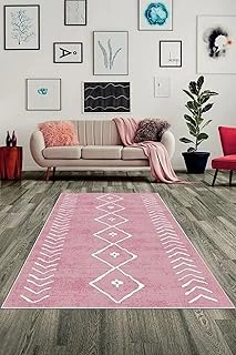 Pelangi Geometrik Çizgi Kilim Desenli Bohem Dijital Baskı Yıkanabilir Kaymaz Taban Salon Halısı Yolluk, Pembe-Beyaz 160 X 300 ürün görseli 1