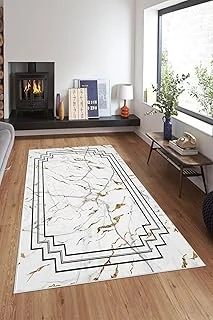 Pelangi Beyaz Mermer Desen Çerçeveli Yıkanabilir Kaymaz Taban Tutmaz Salon Halısı Yolluk, Beyaz 100 X 300 ürün görseli 1