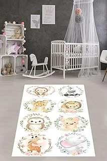 Pelangi Ormandaki Hayvanlar Fil Zebra Maymun Yıkanabilir Kaymaz Taban Tutmaz Çocuk Odası Halısık, Beyaz-Kırmızı 100 X 600, 76420071006001 ürün görseli 1