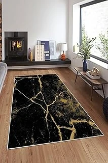 Pelangi Siyah Zemin Mermer Desenli Yıkanabilir Kaymaz Taban Tutmaz Salon Halısı Yolluk, Siyah-Sarı 180 X 300, 74571140180300728 ürün görseli 1