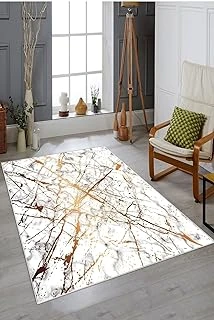 Pelangi Çok Renkli Gold Çizgi Mermr Desen Yıkanabilir Kaymaz Taban Tutmaz Salon Halısı Yolluk, Altın-Beyaz 160 X 230, 7457116716023005 ürün görseli 1