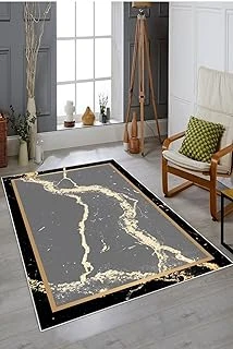 Pelangi Gri Zemin Gold Çerçeveli Yıkanabilir Kaymaz Taban Tutmaz Salon Halısı Yolluk, Gri-Siyah 80 X 350, 745711608035005 ürün görseli 1