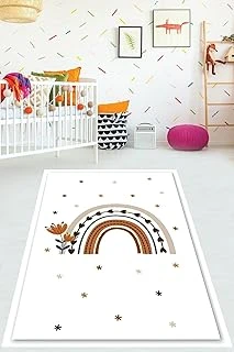 Pelangi Bohemian İskandinav Tarz Gökkuşağı Çiçekli Yıkanabilir Kaymaz Taban Tutmaz Çocuk Odası Halısı, Beyaz-Kahve-Gri 160 X 230 ürün görseli 1