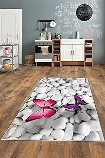 Pelangi Beyaz Taş Desenli Kelebekli Yıkanabilir Kaymaz Taban Tutmaz Salon Halısı Yolluk, Beyaz-Pembe 80 X 50, 1358247805005 ürün görseli 1