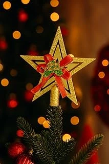 Yılbaşı Ağacı Yıldızı Gold Kırmızı Kurdelalı Merry Christmas Yazılı Yılbaşı Süsü ürün görseli 1