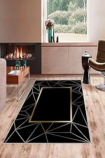 Pelangi Siyah Zemin Gold Çizgi Çerçeveli Yıkanabilir Kaymaz Taban Tutmaz Salon Halısı Yolluk, Siyah-Gold 80 X 150, 745712768015005 ürün görseli 1