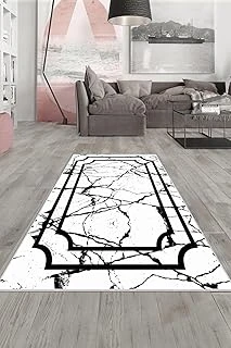 Pelangi Beyaz Gri Çerçeve Efektli Yıkanabilir Kaymaz Taban Tutmaz Salon Halısı Yolluk, Beyaz-Siyah 160 X 240, 135811916024005 ürün görseli 1