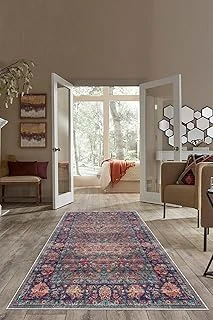 Pelangi Osmanlı Motifler Eskitme Yıkanabilir Kaymaz Taban Tutmaz Salon Halısı Yolluk, Mavi-Pembe 100 X 200, 74571105100200728 ürün görseli 1