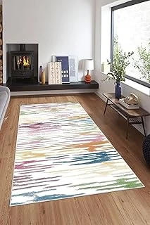 Pelangi Çok Renkli Çizgi Desen Renk Geçiş Yıkanabilir Kaymaz Taban Tutmaz Salon Halısı Yolluk, Beyaz-Renkli 100 X 300, 7457107910030005 ürün görseli 1