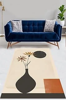 Pelangi Bohemian Tarz Vazoda Papatyalı Minimalist Yıkanabilir Kaymaz Taban Tutmaz Salon Halısı Yoluk, Siyah-Turuncu-Beyaz 160 X 250 ürün görseli 1