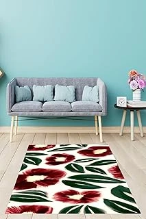 Pelangi Suluboya Gelincik Çiçeği Yaprak Efektli Yıkanabilir Kaymaz Taban Tutmaz Salon Halısı Yolluk, Yeşil-Beyaz-Bordo 160 X 250, 7647011216025005 ürün görseli 1