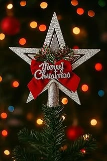 Yılbaşı Ağacı Yıldızı Gold Kurdelalı Merry Christmas Yazılı Yılbaşı Süsü Gümüş ürün görseli 1