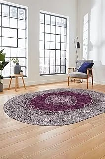 Baskılı Kaymaz Taban Yıkanabilir Göbekli Klasik Desen Oval Yolluk Salon Halısı O-Klasi̇k-07, Mor, 100 X 200 ürün görseli 1