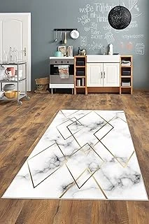Pelangi Beyaz Mermer Desenli Gold Yıkanabilir Kaymaz Taban Tutmaz Salon Halısı Yolluk, Beyaz-Gold 120 X 160, 1358223120160728 ürün görseli 1