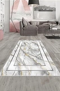 Pelangi Beyaz Mermer Desenli Çerçeveli Yıkanabilir Kaymaz Taban Tutmaz Salon Halısı Yolluk, Beyaz-Gold 100 X 150, 1358102100150728 ürün görseli 1